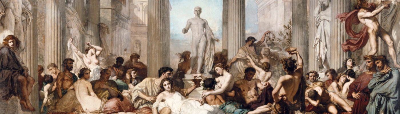 Classical ruins symbolizing the decline and fall of civilizations, representing humanity’s persistent vices and follies across history.