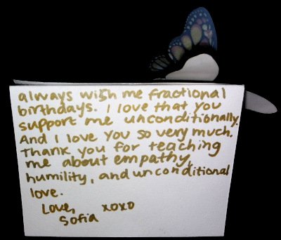 Text on backside of butterfly card featuring Sofia and her father.