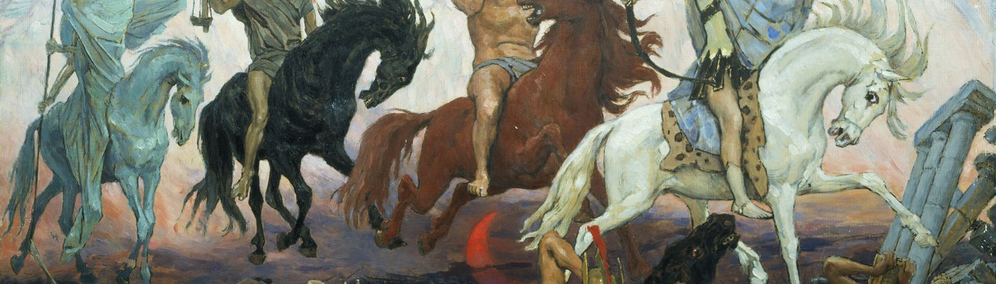 The Four Horsemen of the Apocalypse are depicted in the painting. Depicted from right to left are Conquest, War, Famine, and Death.